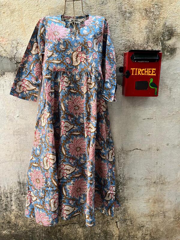 Sitara's Scallop Neck Flare Dress - Blue & Flowers