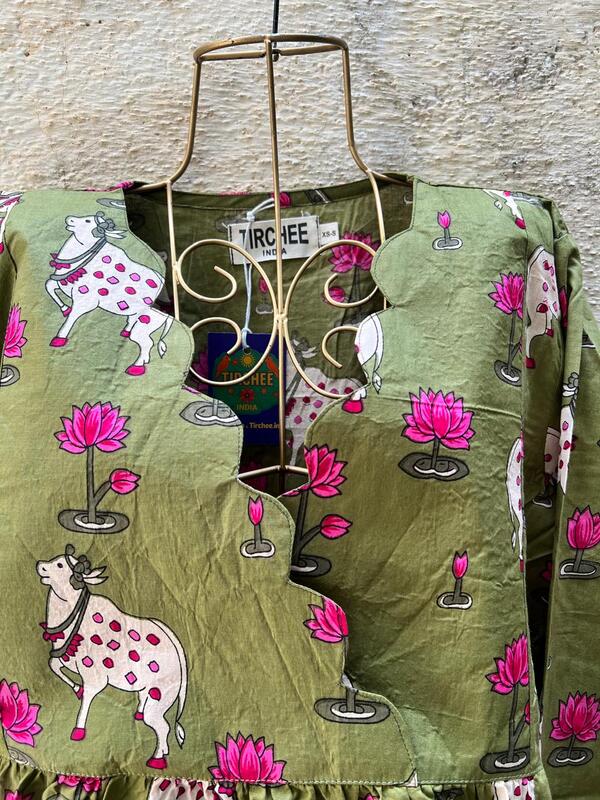 Sitara's Scallop Neck Flare Dress - Sap Green & Pichwai