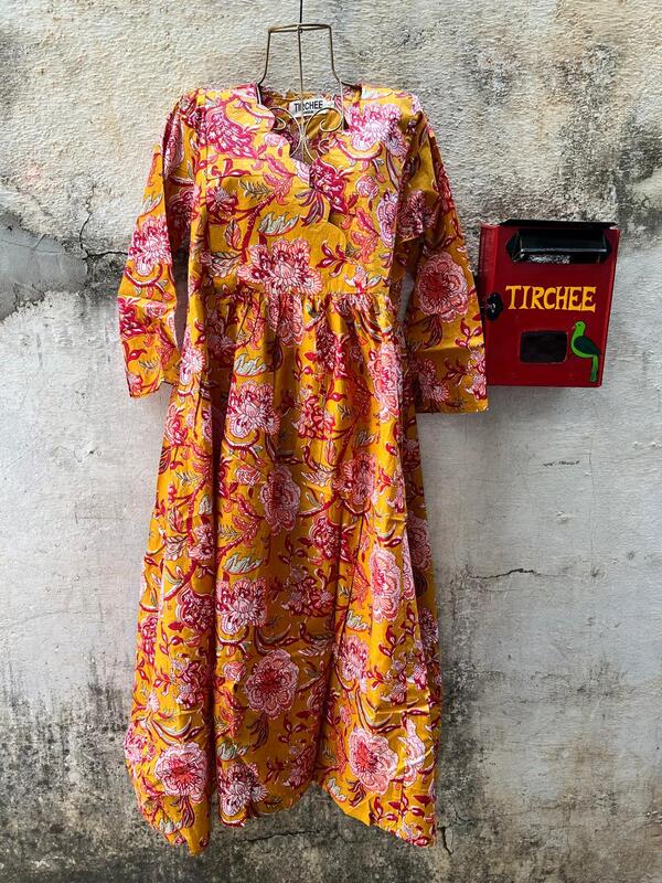 Sitara's Scallop Neck Flare Dress- Mustard & Flowers