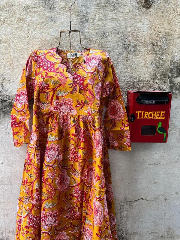 Sitara's Scallop Neck Flare Dress- Mustard & Flowers