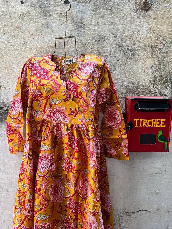 Sitara's Scallop Neck Flare Dress- Mustard & Flowers