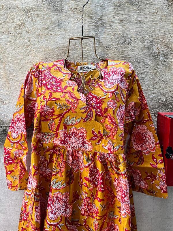 Sitara's Scallop Neck Flare Dress- Mustard & Flowers