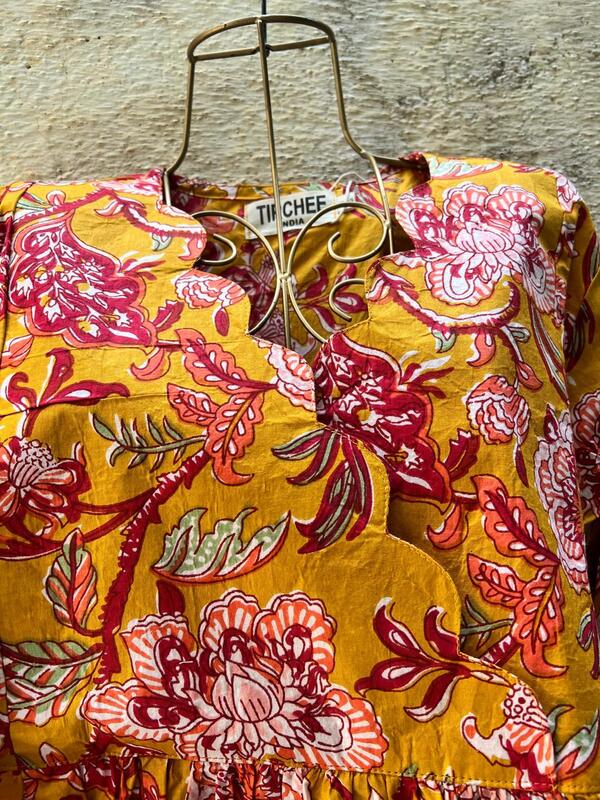 Sitara's Scallop Neck Flare Dress- Mustard & Flowers