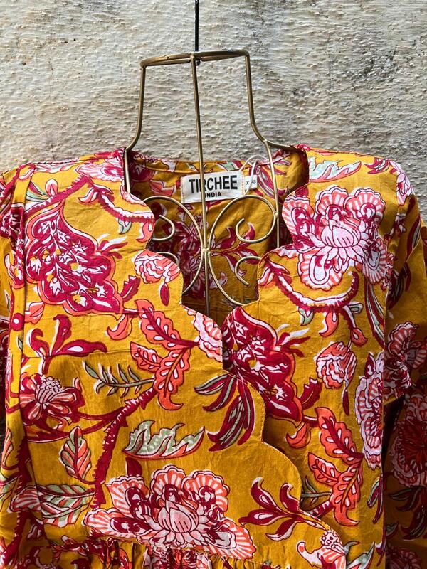 Sitara's Scallop Neck Flare Dress- Mustard & Flowers