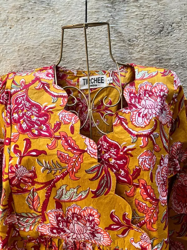 Sitara's Scallop Neck Flare Dress- Mustard & Flowers