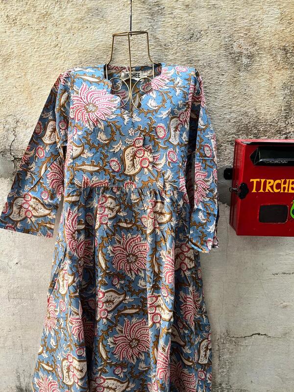 Sitara's Scallop Neck Flare Dress - Blue & Flowers