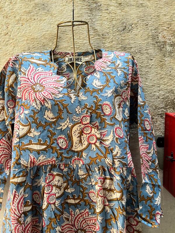 Sitara's Scallop Neck Flare Dress - Blue & Flowers