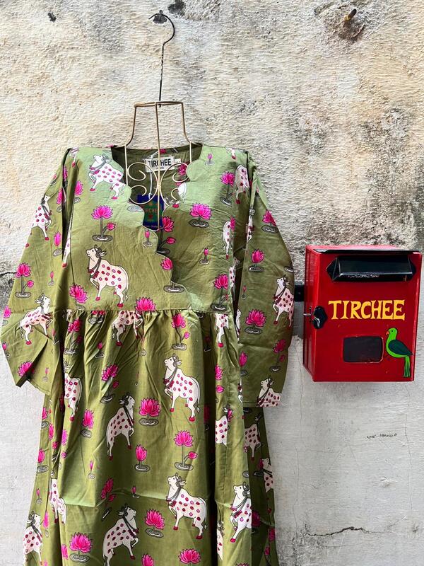 Sitara's Scallop Neck Flare Dress - Sap Green & Pichwai