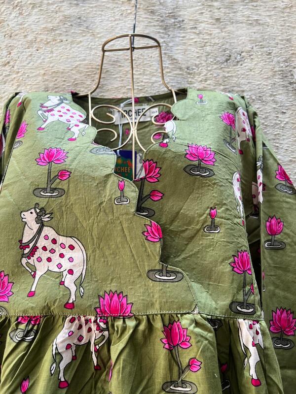 Sitara's Scallop Neck Flare Dress - Sap Green & Pichwai