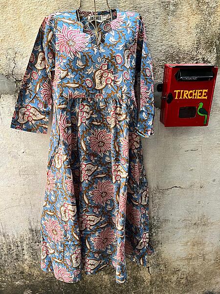 Sitara's Scallop Neck Flare Dress - Blue & Flowers