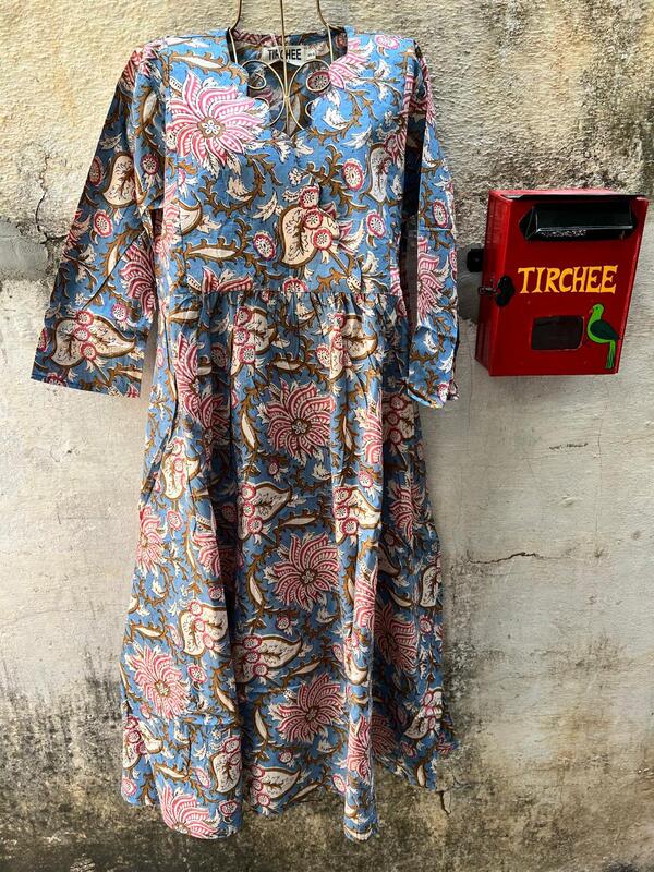 Sitara's Scallop Neck Flare Dress - Blue & Flowers