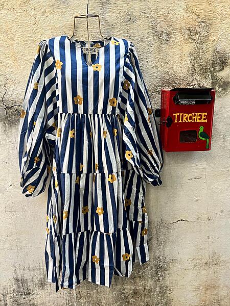 Rhea's Free-Size Short Flare Dress - Blue & White Stripes with Flowers