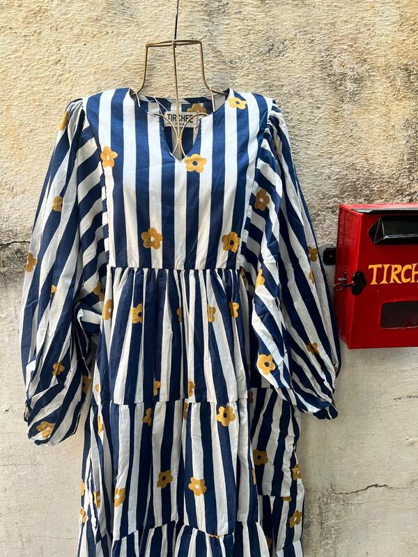 Rhea's Free-Size Short Flare Dress - Blue & White Stripes with Flowers