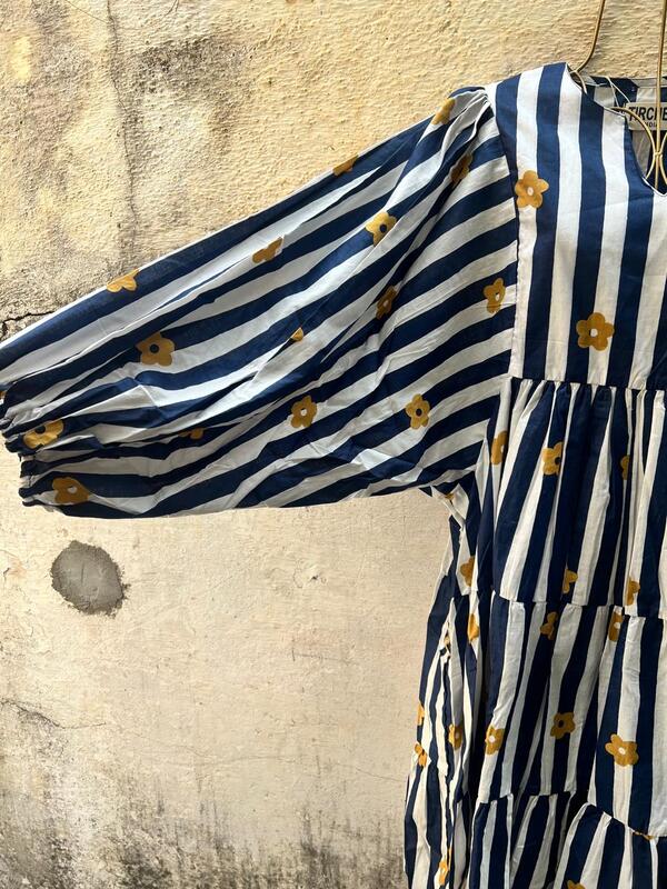 Rhea's Free-Size Short Flare Dress - Blue & White Stripes with Flowers