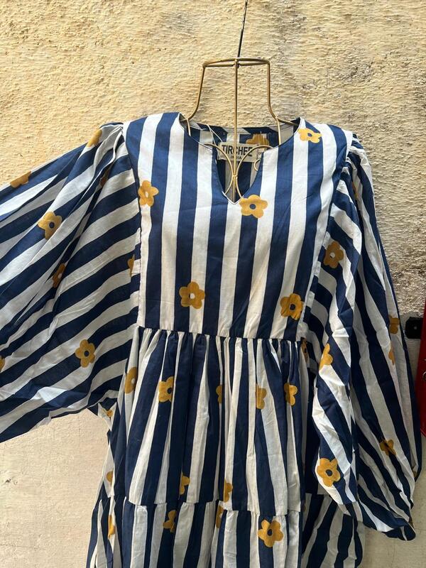 Rhea's Free-Size Short Flare Dress - Blue & White Stripes with Flowers