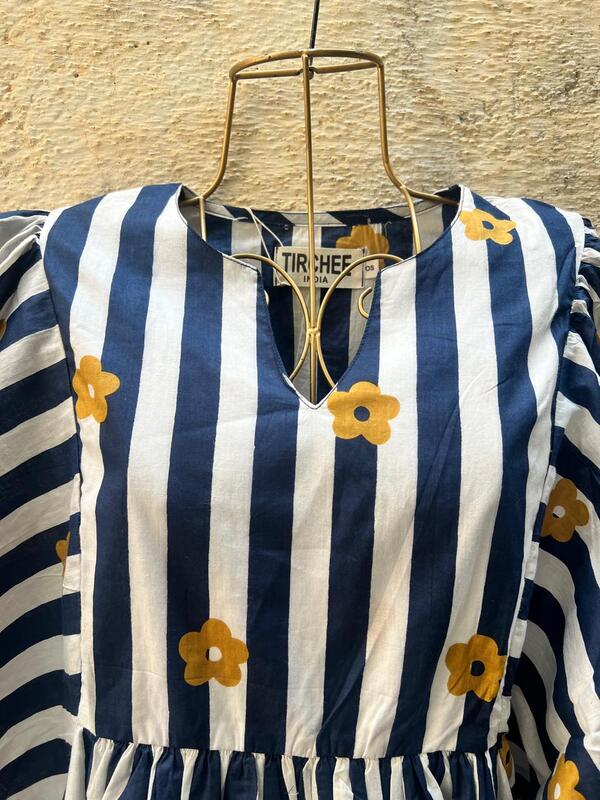 Rhea's Free-Size Short Flare Dress - Blue & White Stripes with Flowers