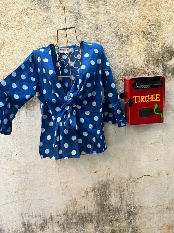 Nivedita's Flare sleeved Tie front over top - Blue Polka