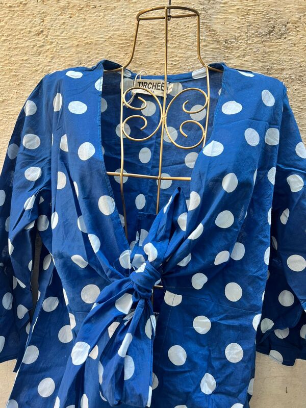 Nivedita's Flare sleeved Tie front over top - Blue Polka
