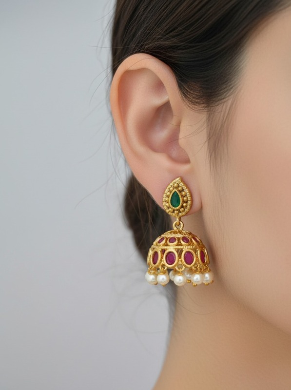 Emerald Ruby Jhumka Pearl Drop Earrings