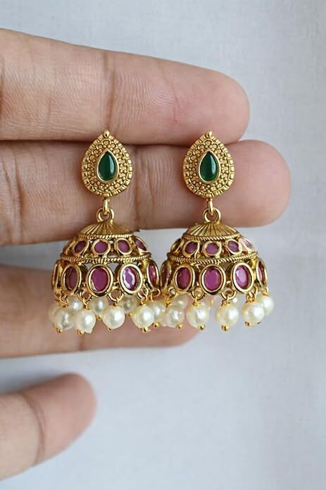 Emerald Ruby Jhumka Pearl Drop Earrings