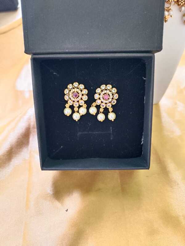 Floral Ruby Pearl Drop Stud Earrings
