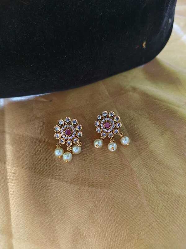 Floral Ruby Pearl Drop Stud Earrings