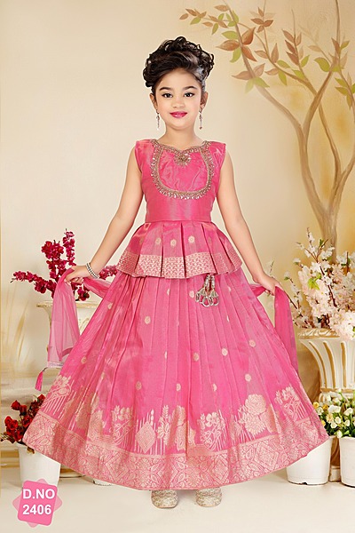 Girls' Rose Pink Silk Peplum Lehenga Set with Woven Border