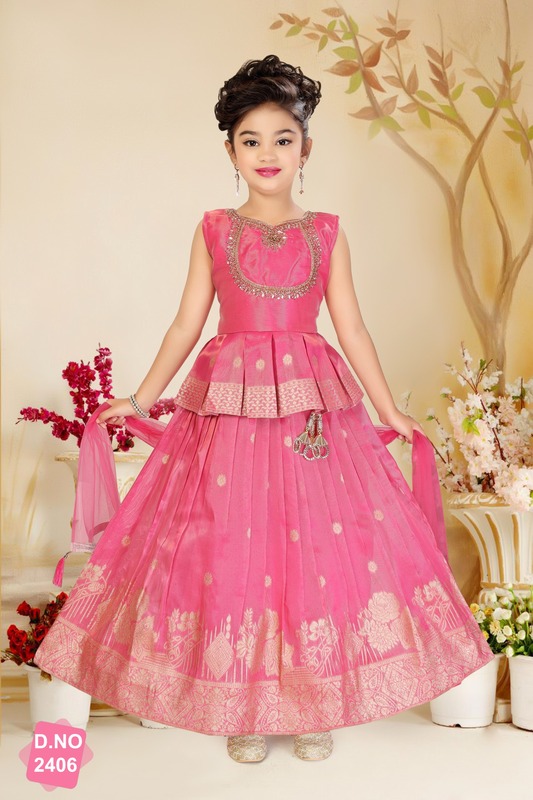 Girls' Rose Pink Silk Peplum Lehenga Set with Woven Border