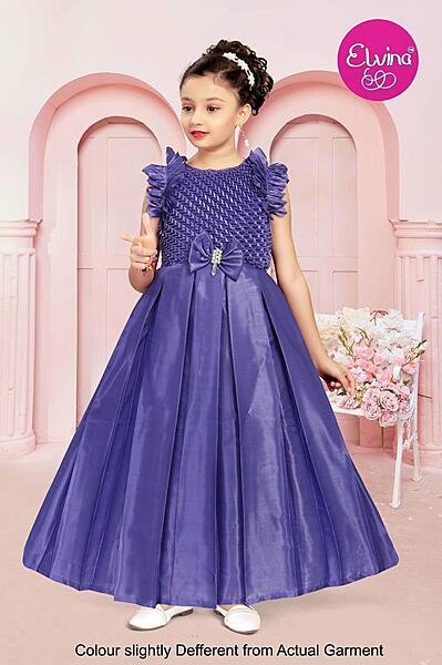 Girls' Lavender Smocked Gown with Bow Accent and Ruffled Sleeves