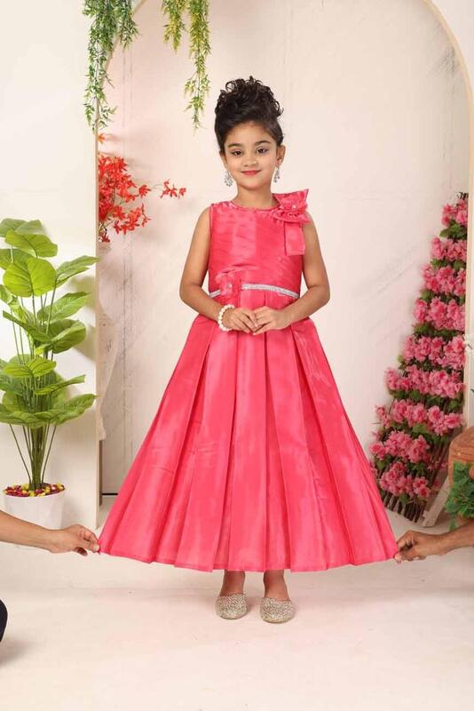 Girls' Peach-Pink Sleeveless Satin Gown with Floral Shoulder Bow
