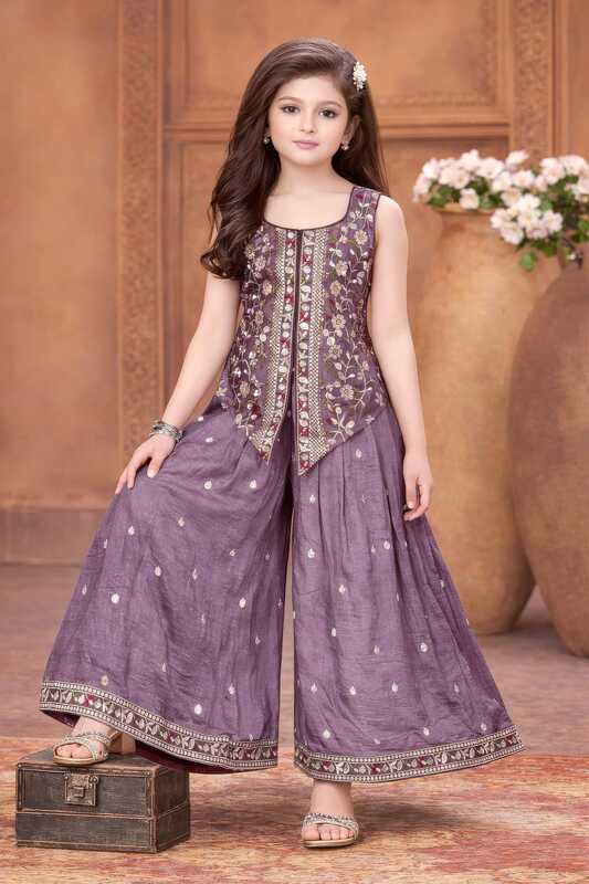 Girls' Dusty Mauve Embroidered Jacket-Style Palazzo Suit