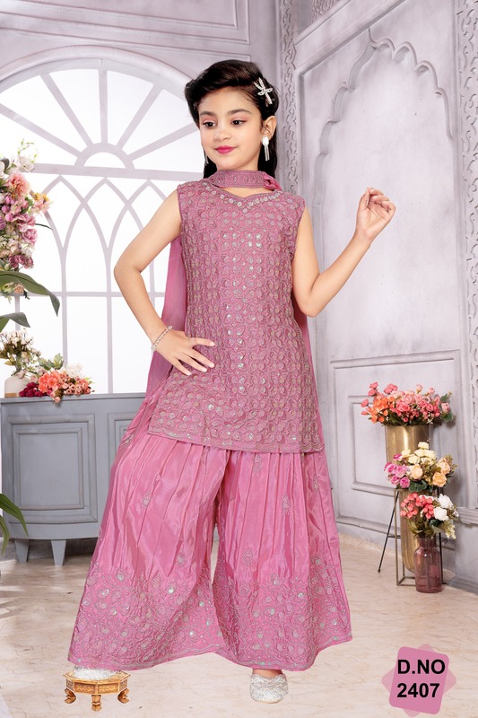 Girls Pink Party Wear Sharara Set