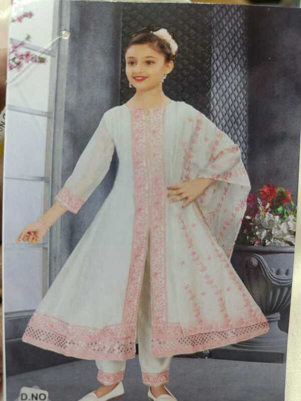 Girls Cream Pink Kurta Set