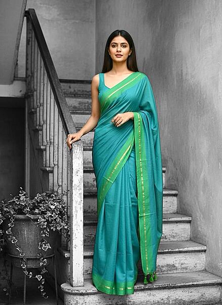 Teal with Green Border Mul Cotton Saree Without Blouse