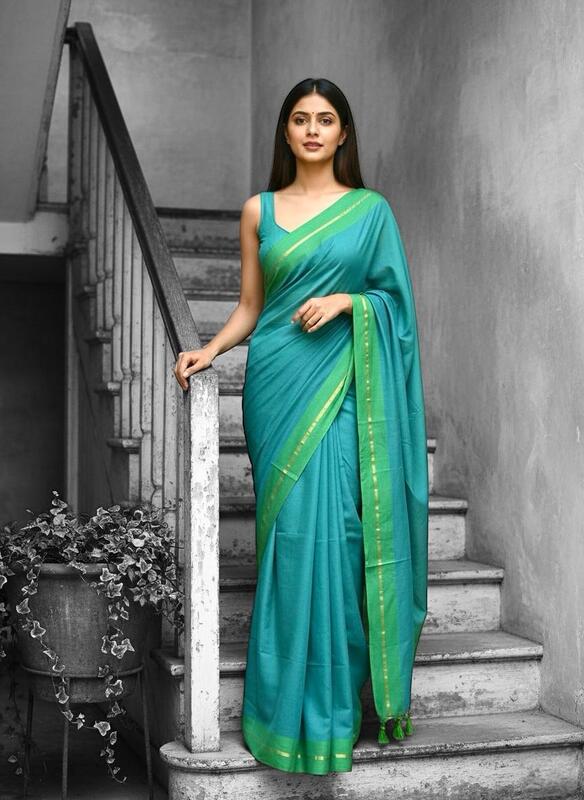 Teal with Green Border Mul Cotton Saree Without Blouse