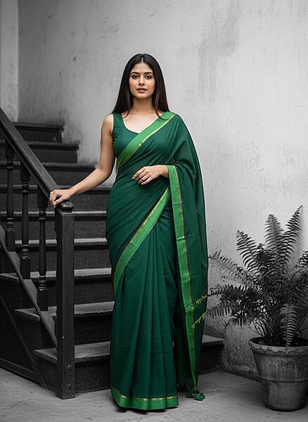 Dark Green with Parrot Green Border Mul Cotton Saree Without Blouse