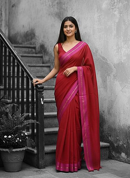 Red with Pink Border Mul Cotton Saree Without Blouse