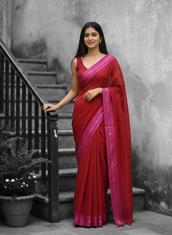 Red with Pink Border Mul Cotton Saree Without Blouse