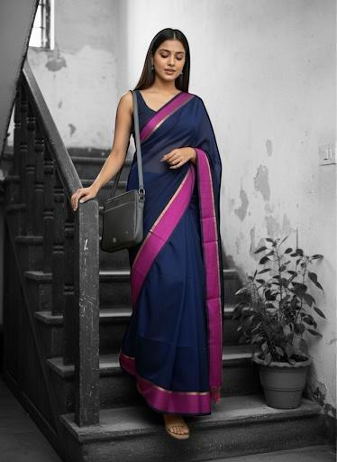 Navy Blue with Pink Border Mul Cotton Saree Without Blouse
