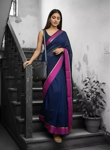 Navy Blue with Pink Border Mul Cotton Saree Without Blouse