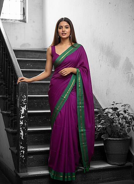 Purple with Green Border Mul Cotton Saree Without Blouse