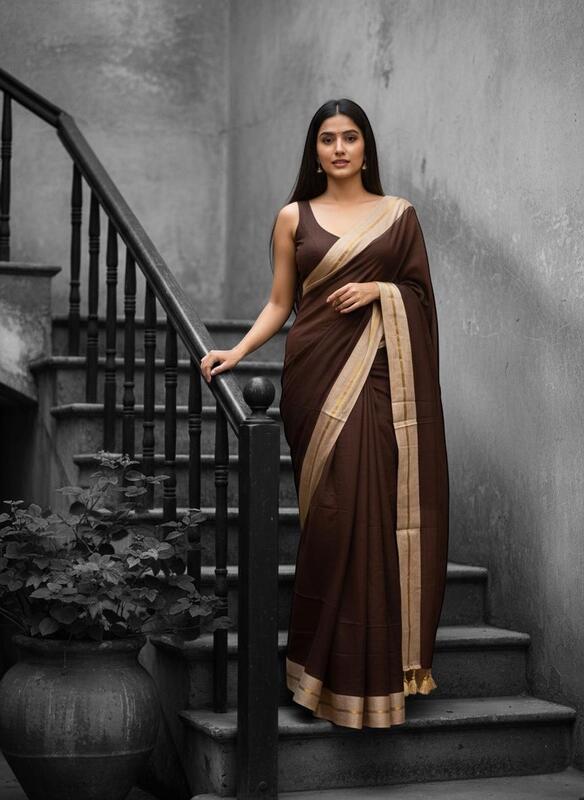 Brown with Beige Border Mul Cotton Saree Without Blouse