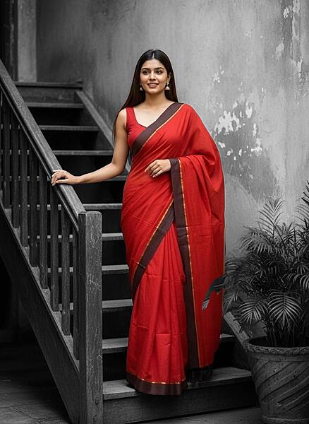 Orange with Brown Border Mul Cotton Saree Without Blouse