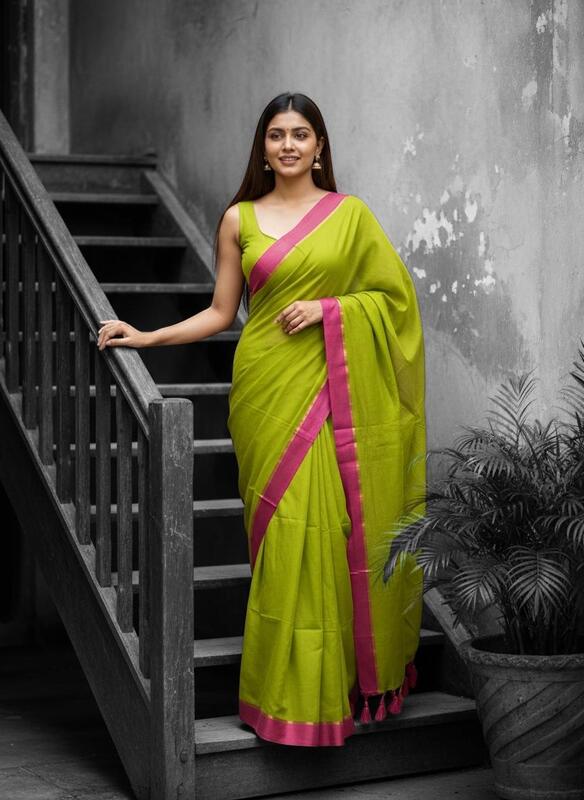 Parrot Green with Pink Border Mul Cotton Saree Without Blouse