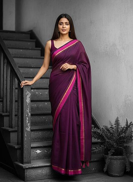 Deep Purple with Pink Border Mul Cotton Saree Without Blouse