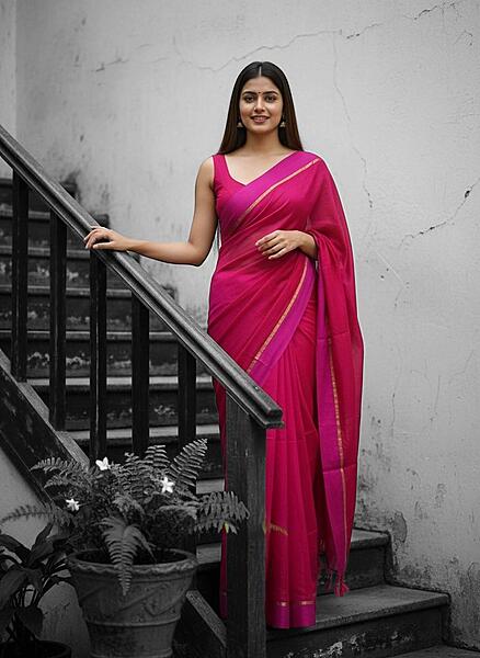 Magenta with Pink Border Mul Cotton Saree Without Blouse