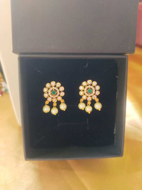 Floral Emerald Pearl Drop Stud Earrings