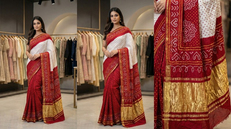 Kala Sanskruti White Red Calour Color Pure Gaji Silk Bandhani Saree 6.5M with Blouse Piece Elegant Traditional Wear Saree for Women
