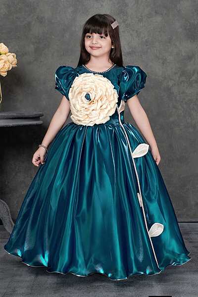 Teal Satin Party Dress for Girls with Statement Floral Applique