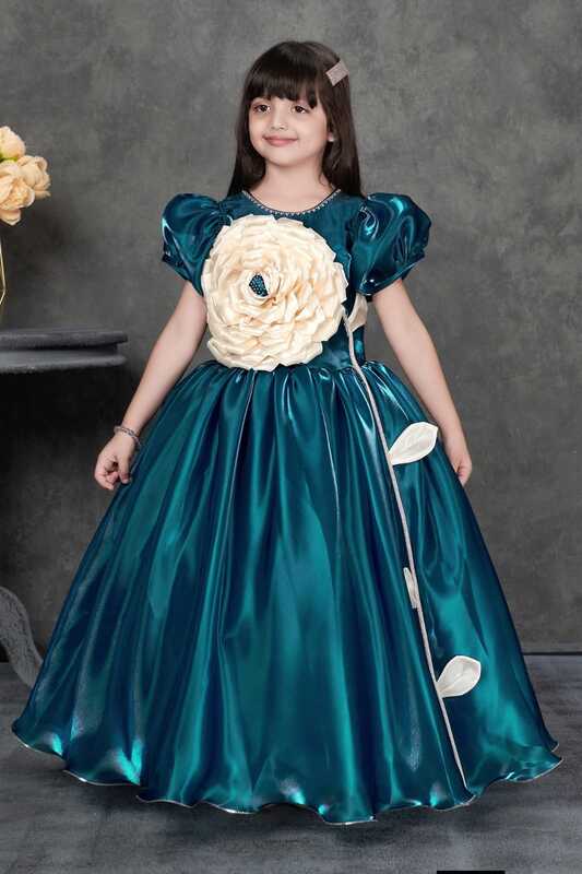 Teal Satin Party Dress for Girls with Statement Floral Applique